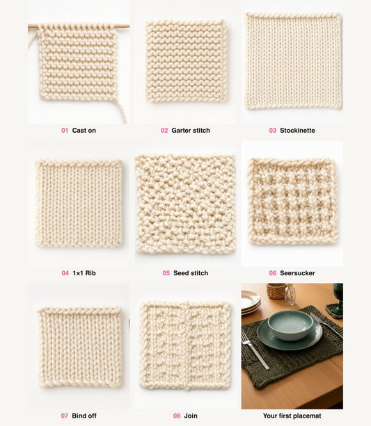 Placemat & Coaster - Beginner Sampler Kit - Learn The Basics Knitting Kit