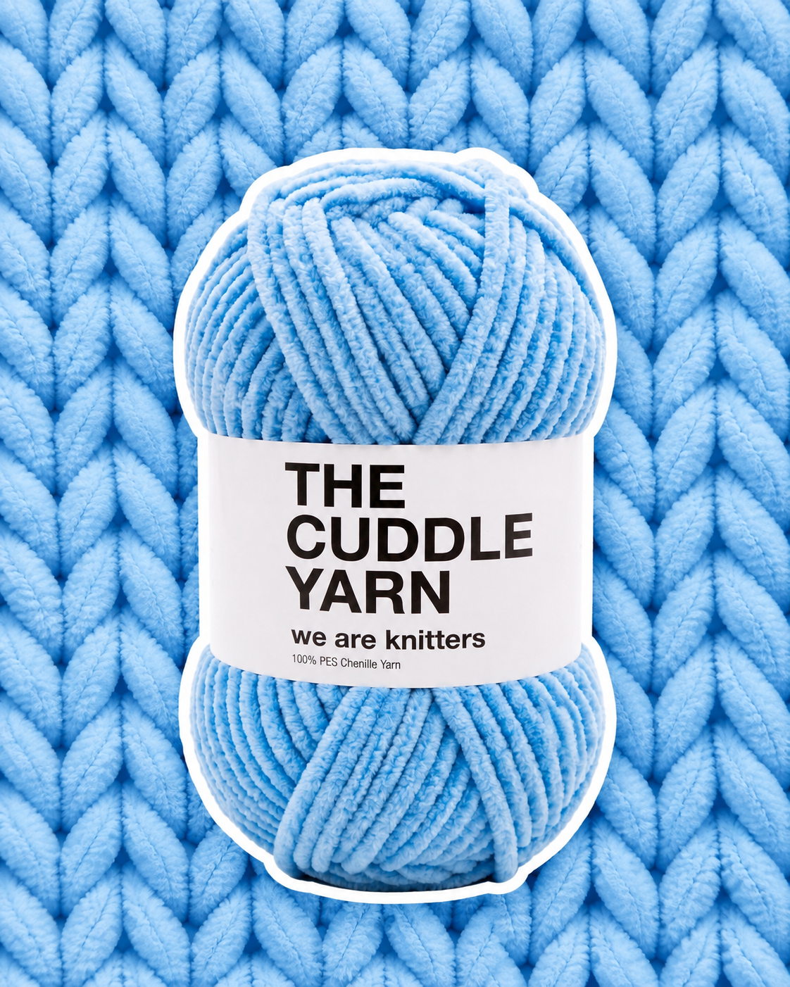 The Cuddle Yarn Blue chenille skein on a matching knit swatch