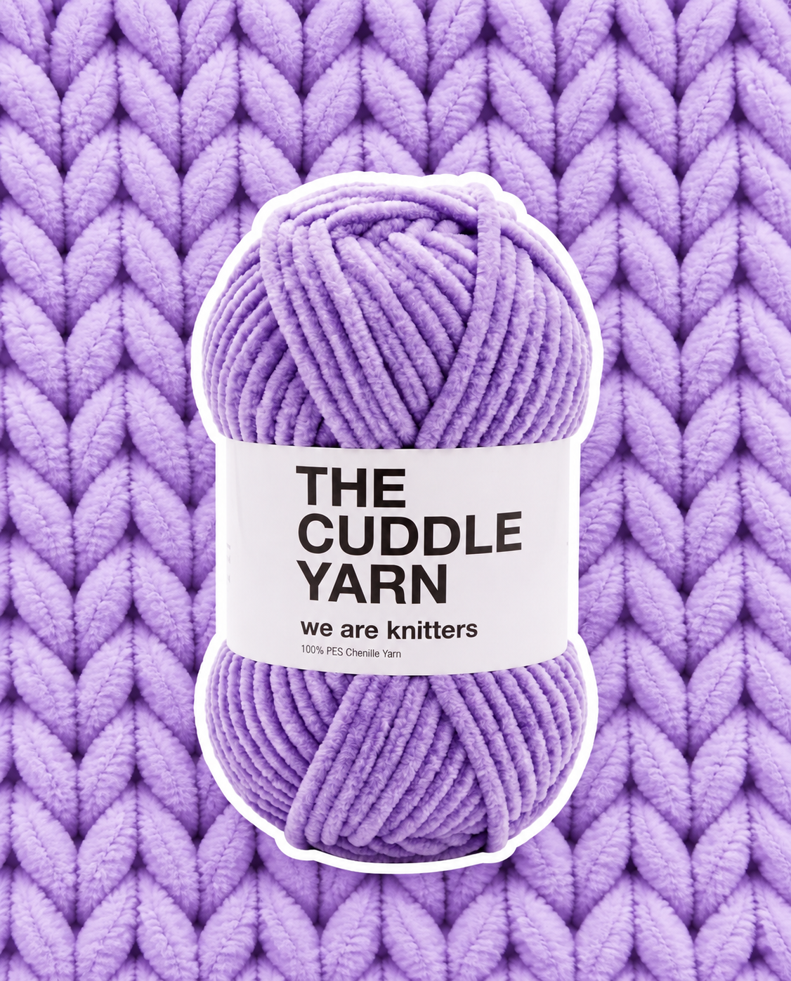 The Cuddle Yarn Lilac chenille skein on a matching knit swatch