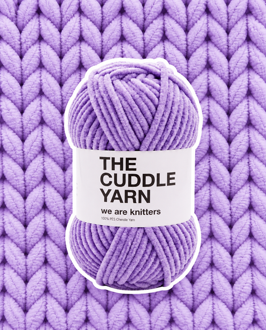The Cuddle Yarn Lilac chenille skein on a matching knit swatch